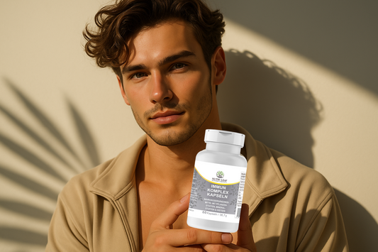 Young man holding a bottle of Nutri-Leaf Immun Komplex Kapseln in natural sunlight, promoting immune health and wellness with a calm and confident expression in a neutral setting.