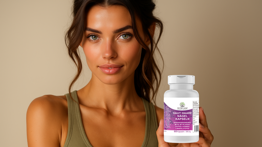Woman with glowing skin and natural makeup holding a bottle of Nutri-Leaf Haut Haare Nägel Kapseln, showcasing a beauty supplement for hair, skin, and nail support in a neutral studio setting.