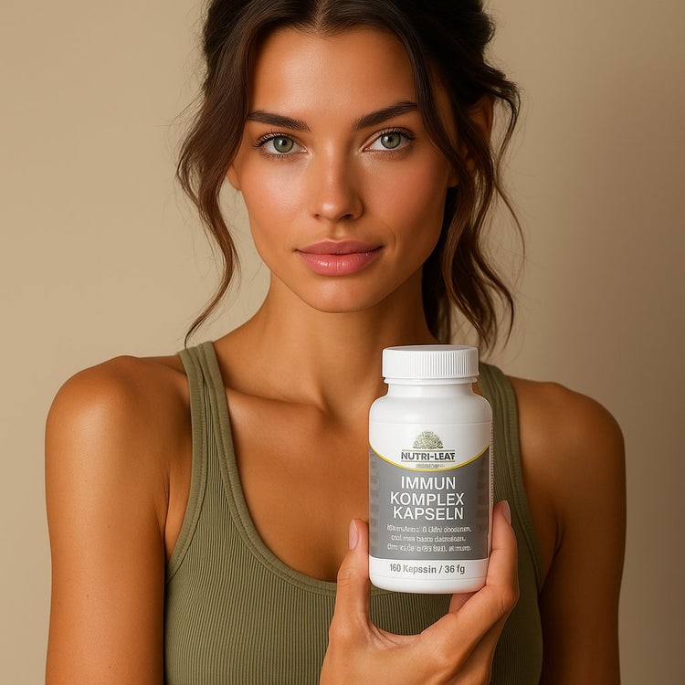 Confident woman in a green top holds a Nutri-Leaf supplement bottle close to her chest, glowing with natural beauty and strength. She embodies the benefits of Immune & Energy Boost—pure, daily power for a vibrant and resilient life.
