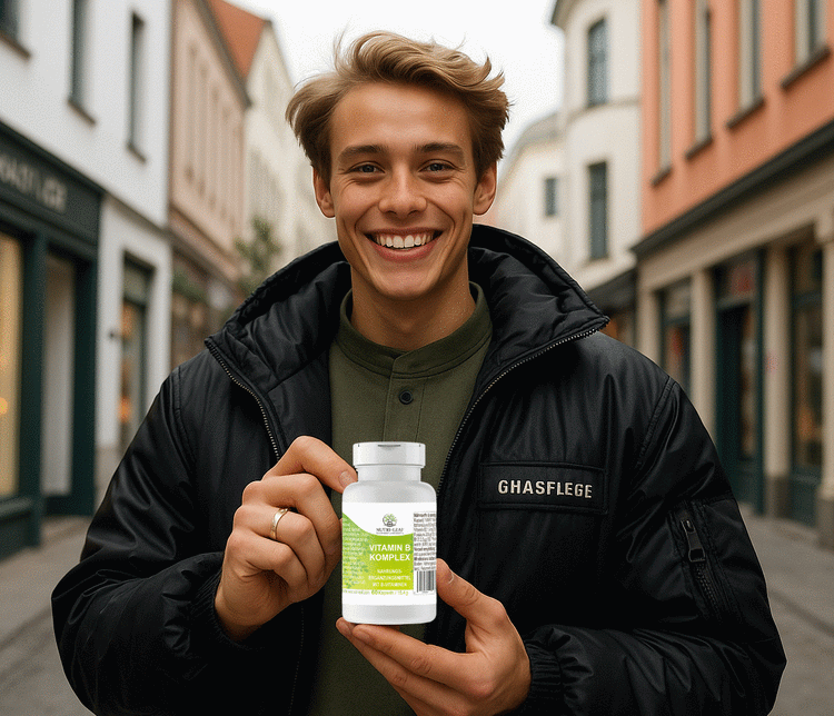 Smiling young man in a city street holds up a Nutri-Leaf Vitamin B Komplex bottle with pride. His vibrant energy and confidence reflect the benefits of B vitamins—supporting focus, energy metabolism, and an active, balanced lifestyle.