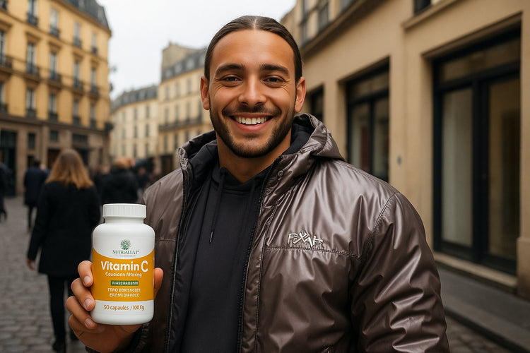 Smiling man in a city street proudly holds up a Nutri-Leaf Vitamin C bottle. His energy and confidence embody the power of Active Lifestyle Essentials—supporting immunity, vitality, and wellness for people who live life on the move.