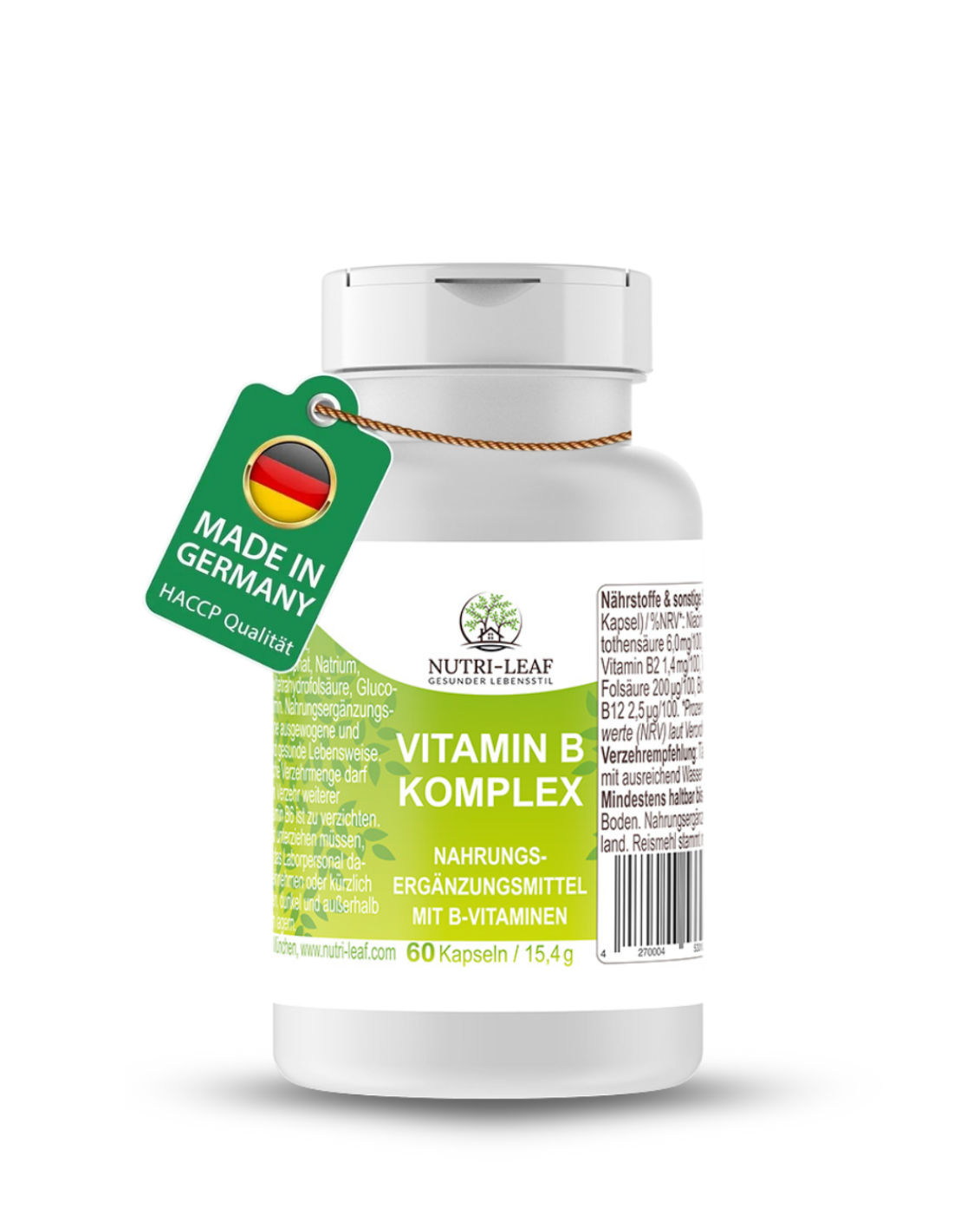 Vitamin B Komplex hochdosiert mit allen 8 B-Vitaminen – für Energie, Nerven & geistige Leistung – vegan & ohne Zusatzstoffe – 60 Kapseln – Made in Germany – NUTRI-LEAF