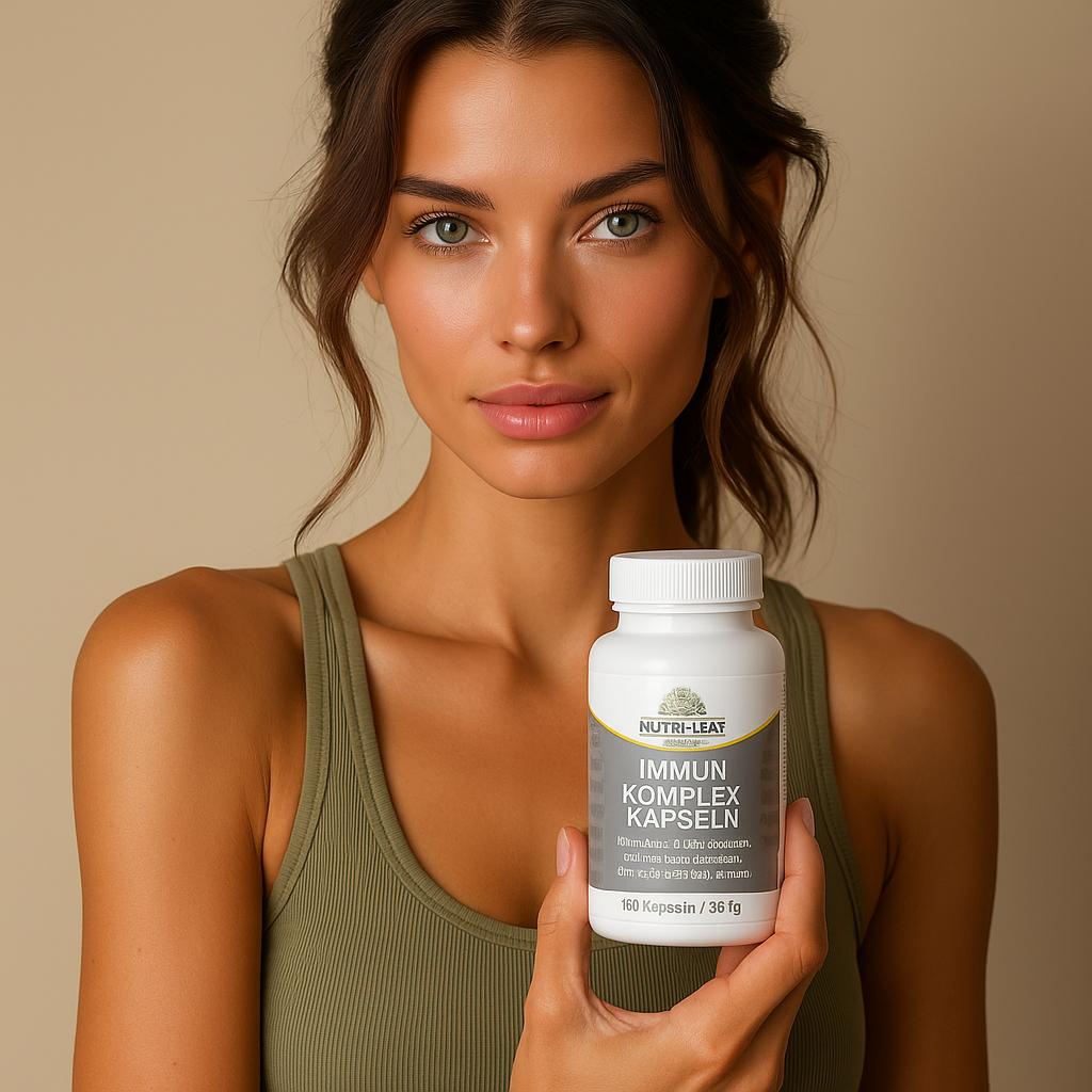 Confident woman in a green top holds a Nutri-Leaf supplement bottle close to her chest, glowing with natural beauty and strength. She embodies the benefits of Immune & Energy Boost—pure, daily power for a vibrant and resilient life.
