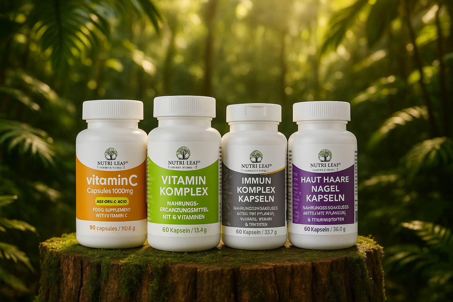 Four Nutri-Leaf supplement bottles — Vitamin C, Vitamin B Komplex, Immun Komplex, and Haut Haare Nägel — displayed side by side on a moss-covered tree stump in a sunlit rainforest, with product labels clearly visible.