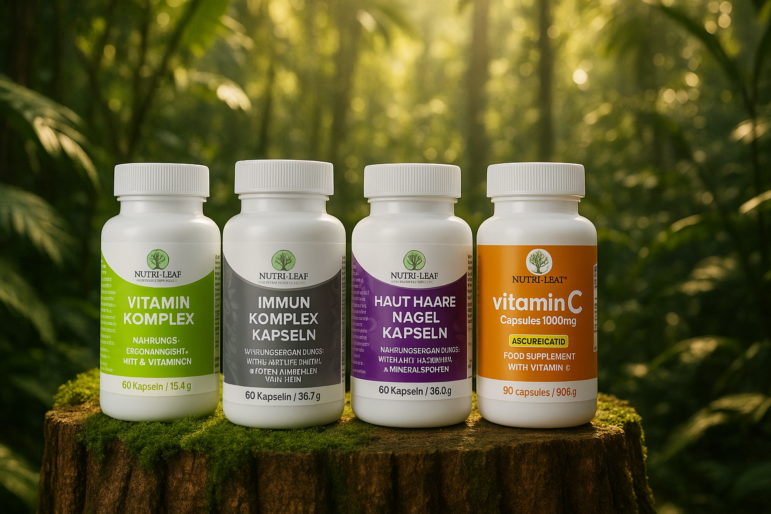 Nutri-Leaf’s full supplement line — Vitamin Komplex, Immun Komplex, Haut Haare Nägel, and Vitamin C — arranged neatly on a wooden stump in a lush jungle setting, captured in golden natural light with sharp, readable labels.