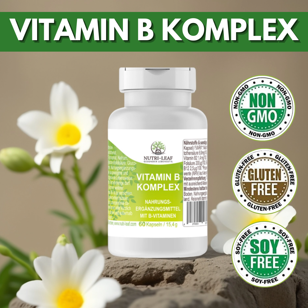Vitamin B Komplex hochdosiert mit allen 8 B-Vitaminen – für Energie, Nerven & geistige Leistung – vegan & ohne Zusatzstoffe – 60 Kapseln – Made in Germany – NUTRI-LEAF