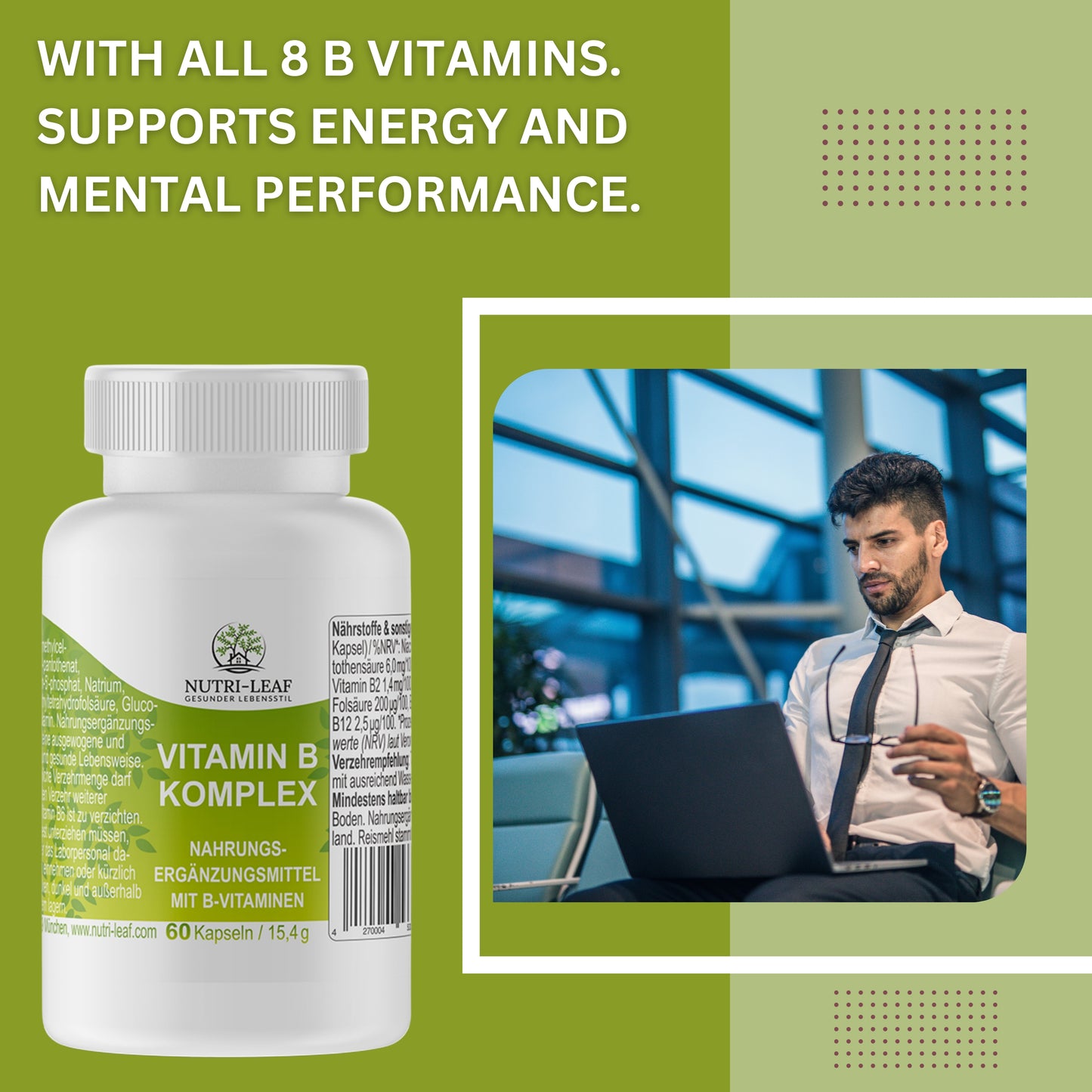 Vitamin B Komplex hochdosiert mit allen 8 B-Vitaminen – für Energie, Nerven & geistige Leistung – vegan & ohne Zusatzstoffe – 60 Kapseln – Made in Germany – NUTRI-LEAF