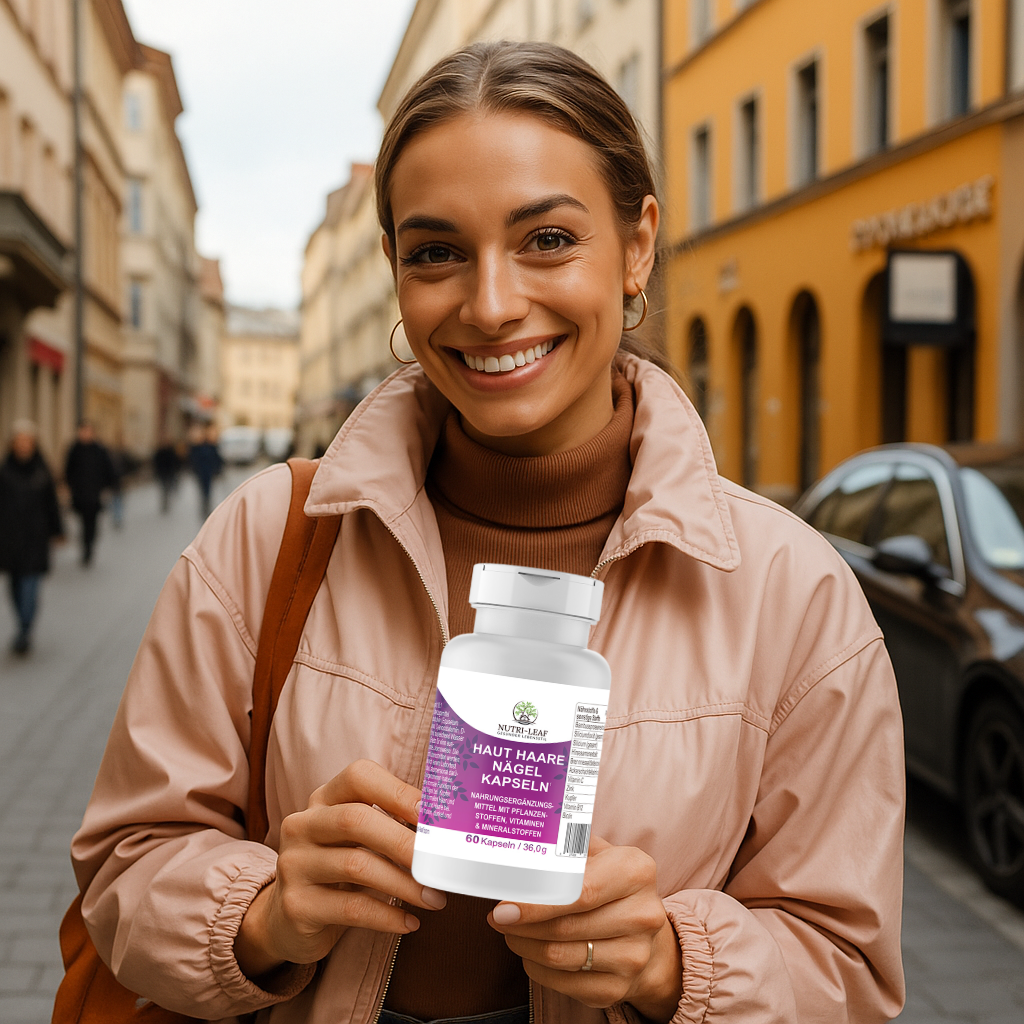 Smiling young woman in a city street holding a bottle of Nutri-Leaf "Haut Haare Nägel Kapseln" (Skin Hair Nails Capsules), promoting healthy skin, strong nails, and vibrant hair.
