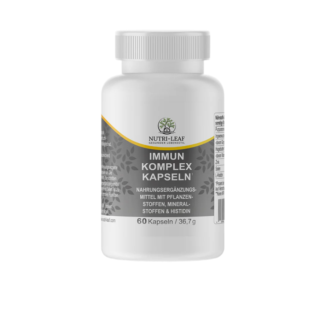 Nutri-Leaf Immun Komplex Kapseln bottle with gray and white label, containing 60 capsules of a plant-based immune support supplement with minerals and histidine.
