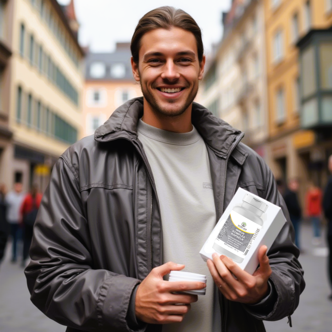 Young man standing on a lively European street, smiling and holding a Nutri-Leaf Immun Komplex Kapseln supplement box, promoting daily immune support with natural ingredients.