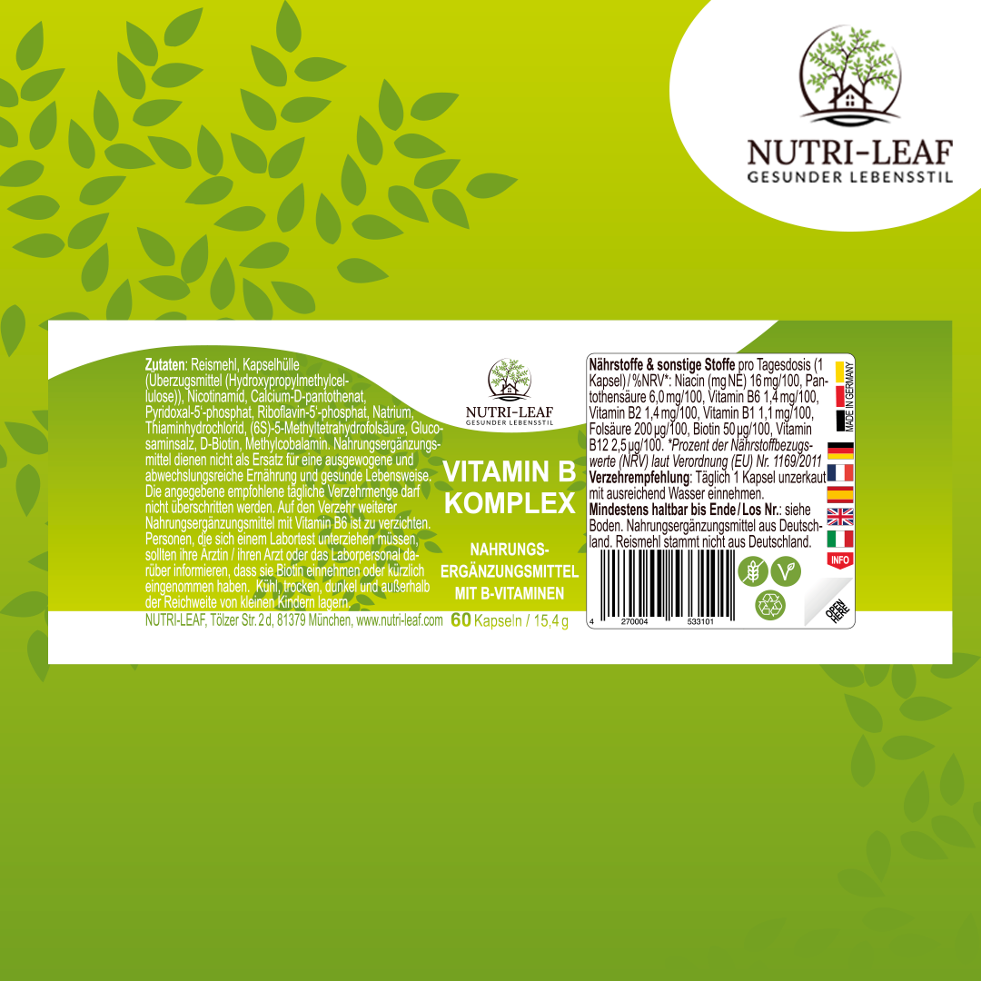 Vitamin B Komplex hochdosiert mit allen 8 B-Vitaminen – für Energie, Nerven & geistige Leistung – vegan & ohne Zusatzstoffe – 60 Kapseln – Made in Germany – NUTRI-LEAF