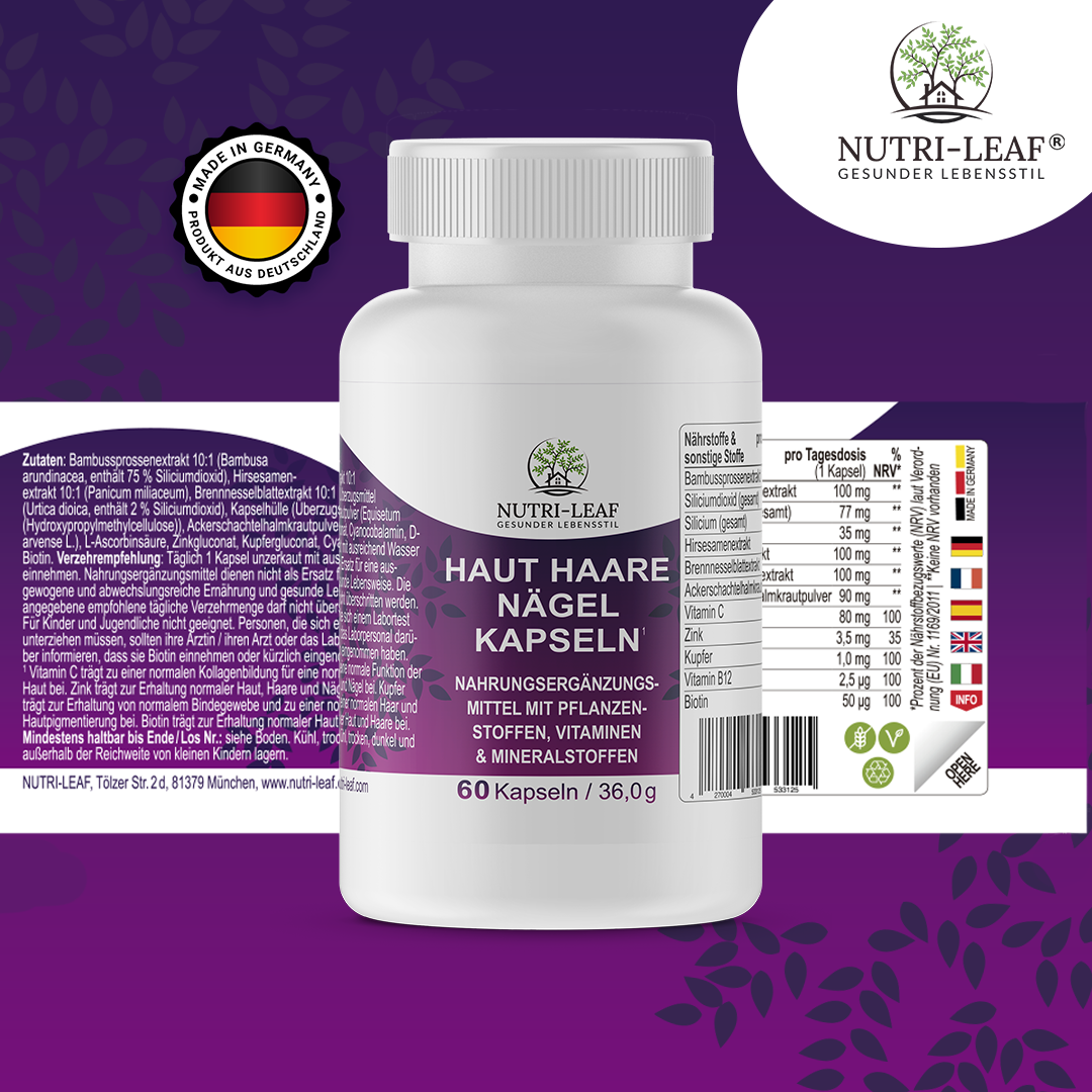Biotin + Silizium + Vitamin C für Haut, Haare & Nägel – Bambus, Hirse & Brennnessel Formel für Wachstum & Schönheit von innen Ohne Zucker, Clean Label, Made in Germany 🇩🇪 – NUTRI-LEAF