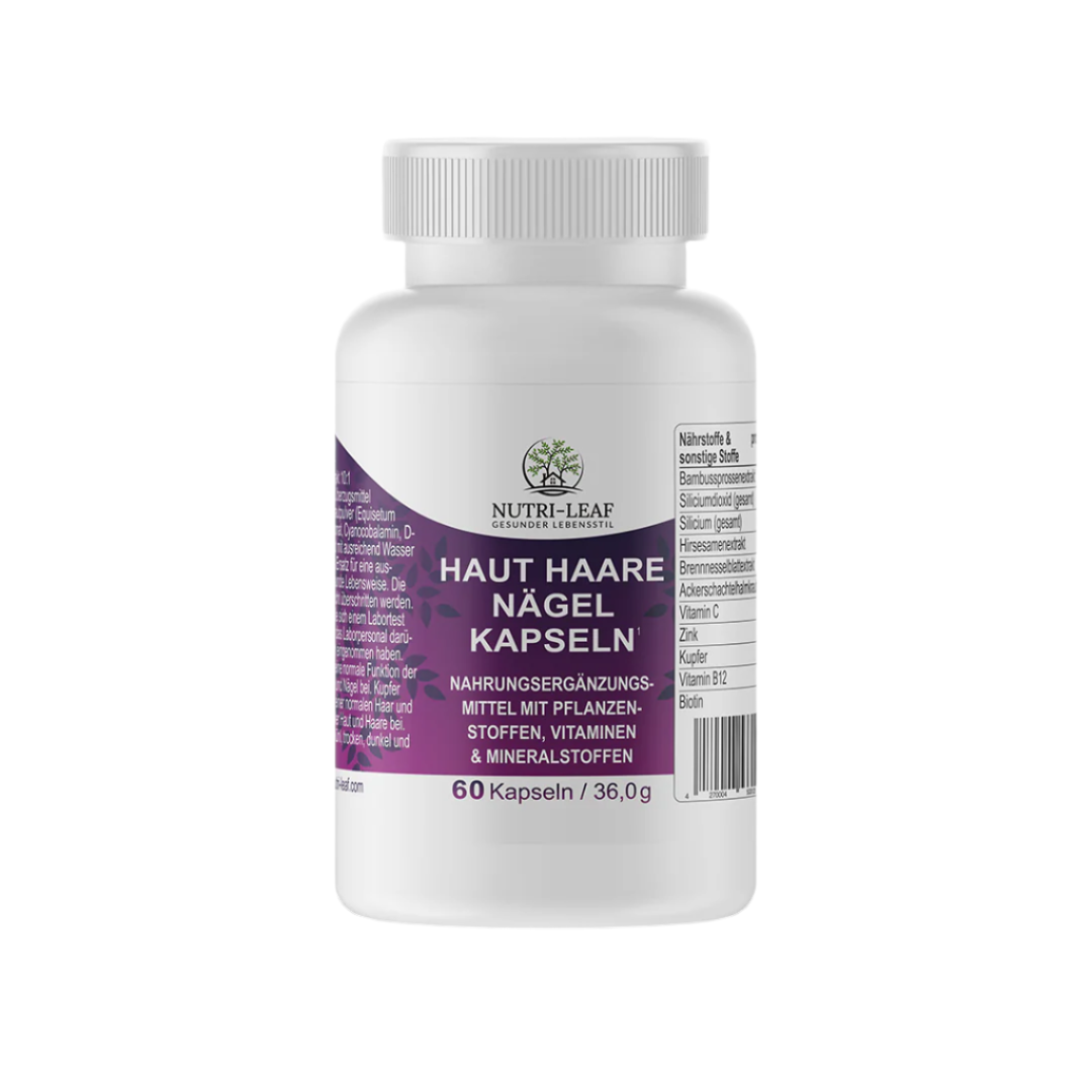 Nutri-Leaf Haut-Haare-Nägel Kapseln bottle with purple label, containing 60 capsules of a plant-based supplement for skin, hair, and nail health, enriched with vitamins, minerals, and bamboo extract.