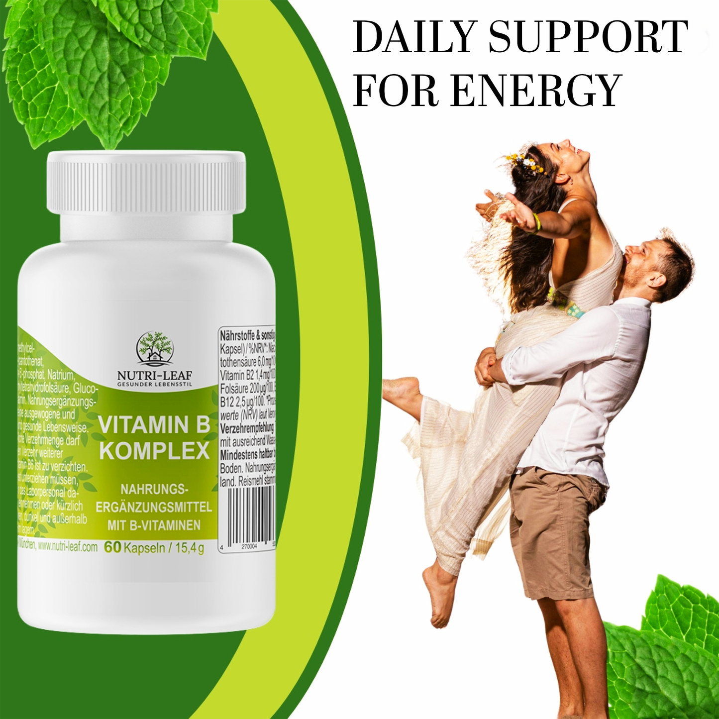 Vitamin B Komplex hochdosiert mit allen 8 B-Vitaminen – für Energie, Nerven & geistige Leistung – vegan & ohne Zusatzstoffe – 60 Kapseln – Made in Germany – NUTRI-LEAF