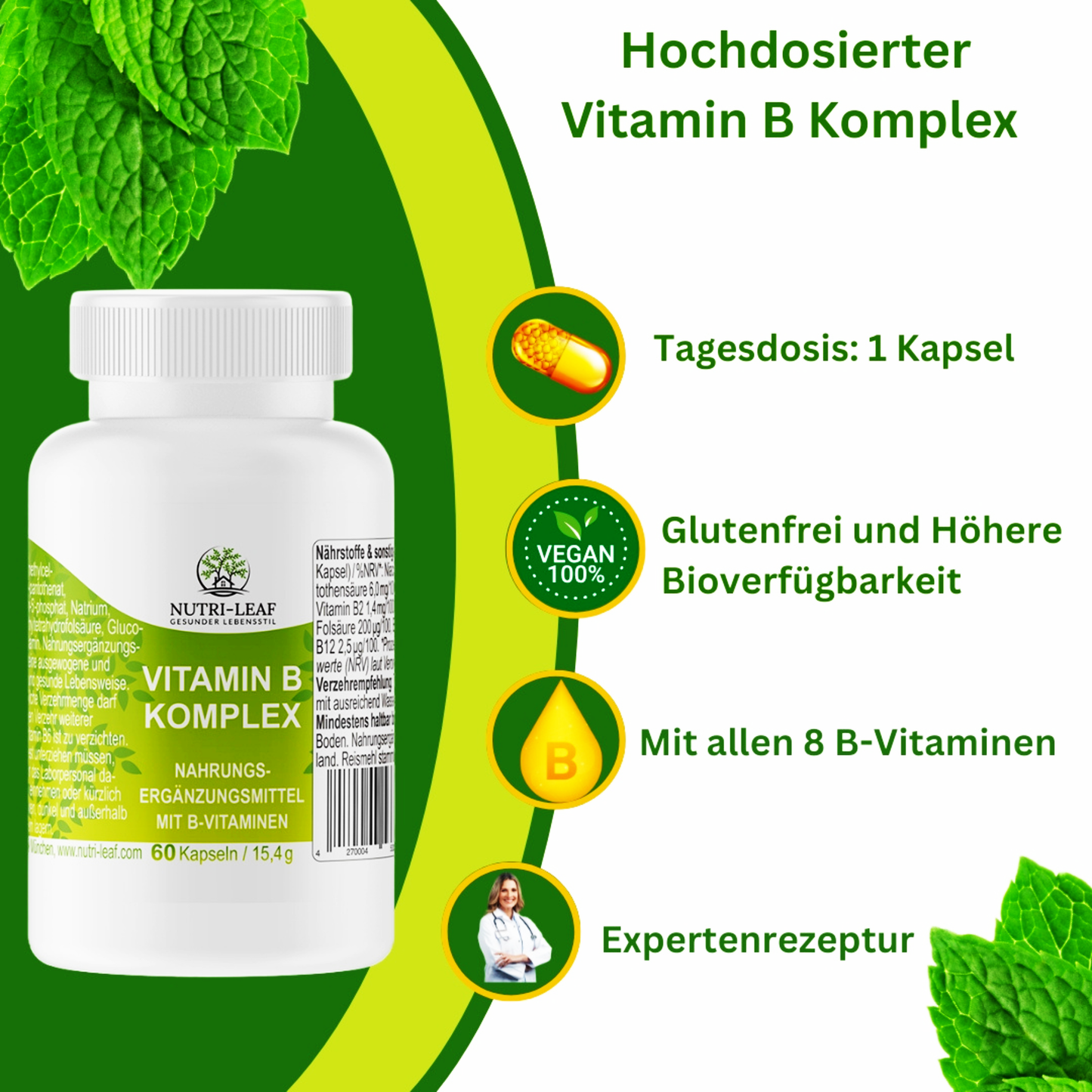 Vitamin B Komplex hochdosiert mit allen 8 B-Vitaminen – für Energie, Nerven & geistige Leistung – vegan & ohne Zusatzstoffe – 60 Kapseln – Made in Germany – NUTRI-LEAF