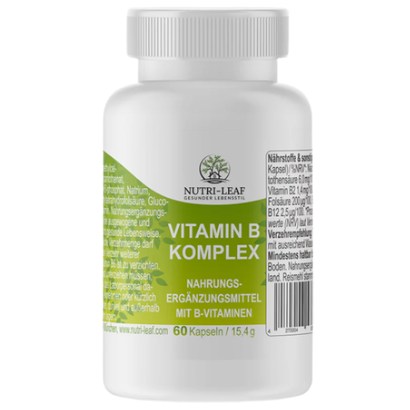 Nutri-Leaf Vitamin B Komplex supplement bottle with green label, containing 60 capsules with essential B-vitamins to support energy metabolism, focus, and nervous system health.