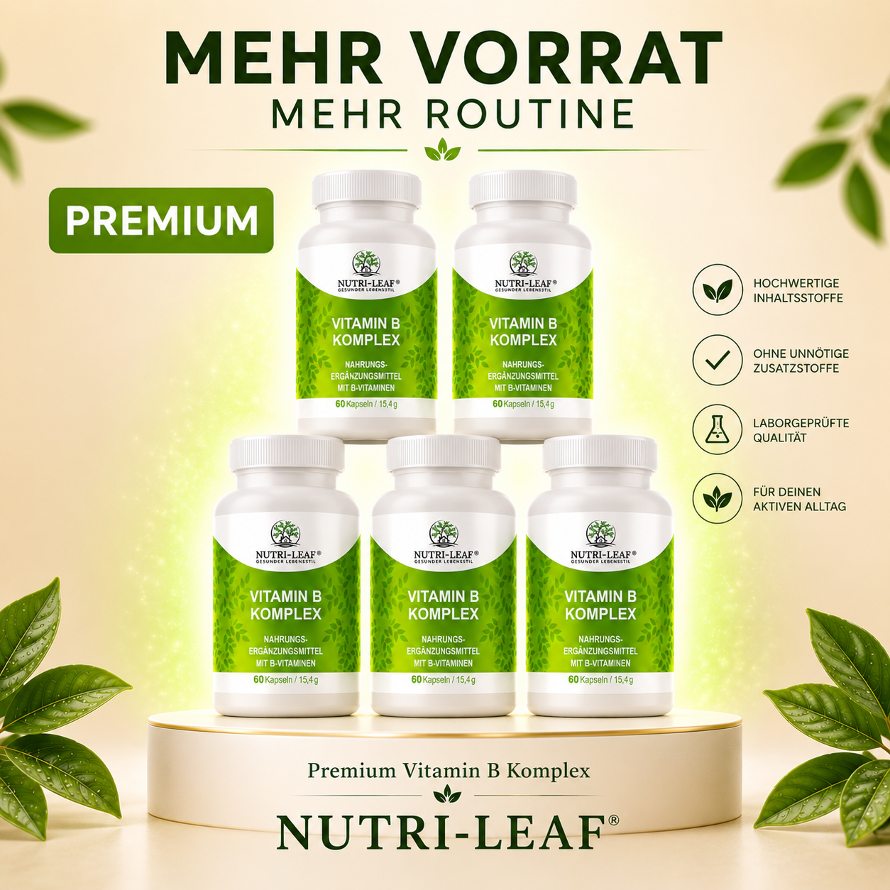 Gélules de complexe de vitamines B – 8 vitamines B (B1, B2, B6, B12, biotine, acide folique) – 60 gélules végétaliennes – NUTRI-LEAF