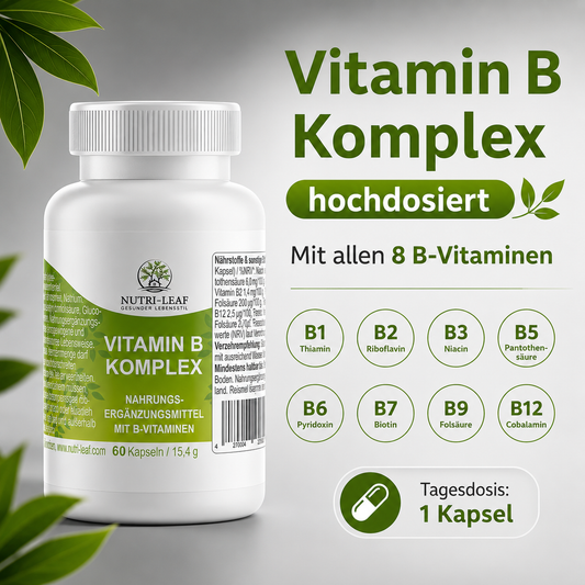 Vitamin B Complex Capsules – 8 B Vitamins (B1, B2, B6, B12, Biotin, Folic Acid) – 60 Vegan Capsules – Nutri-Leaf