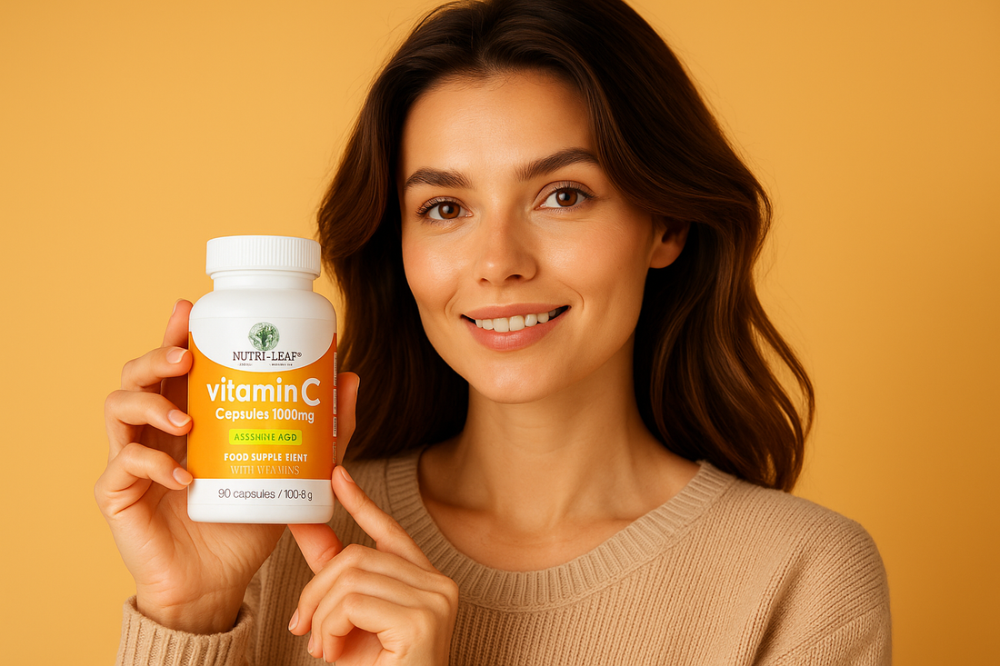 Smiling woman in a beige sweater holding a bottle of Nutri-Leaf Vitamin C 1000mg capsules against an orange background, promoting immune support and wellness.