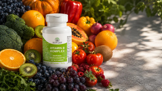 Clean product still of Nutri-Leaf Vitamin B Complex capsules.