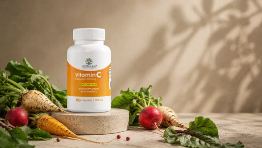 Product still of Nutri-Leaf Vitamin C 1000 mg capsules.