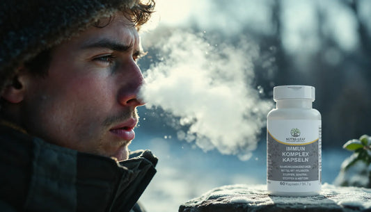 Winter scene with illuminated breath in cold air and Nutri-Leaf Immunity Complex capsules.
