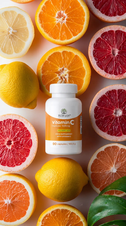 Bright citrus fruit display with Nutri-Leaf Vitamin C 1000 mg capsules.