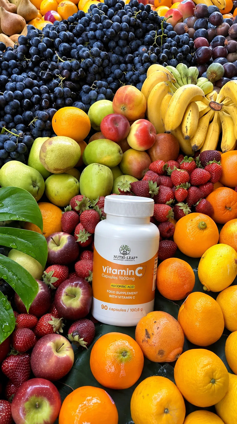 Colorful fruit assortment with Nutri-Leaf Vitamin C 1000 mg capsules.