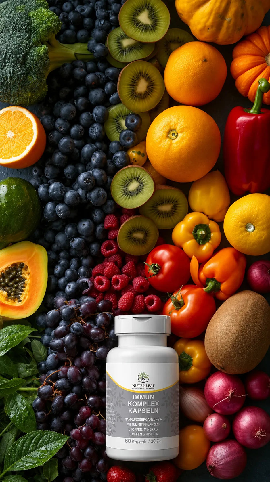 Colorful fruit display with Nutri-Leaf Immunity Complex capsules.