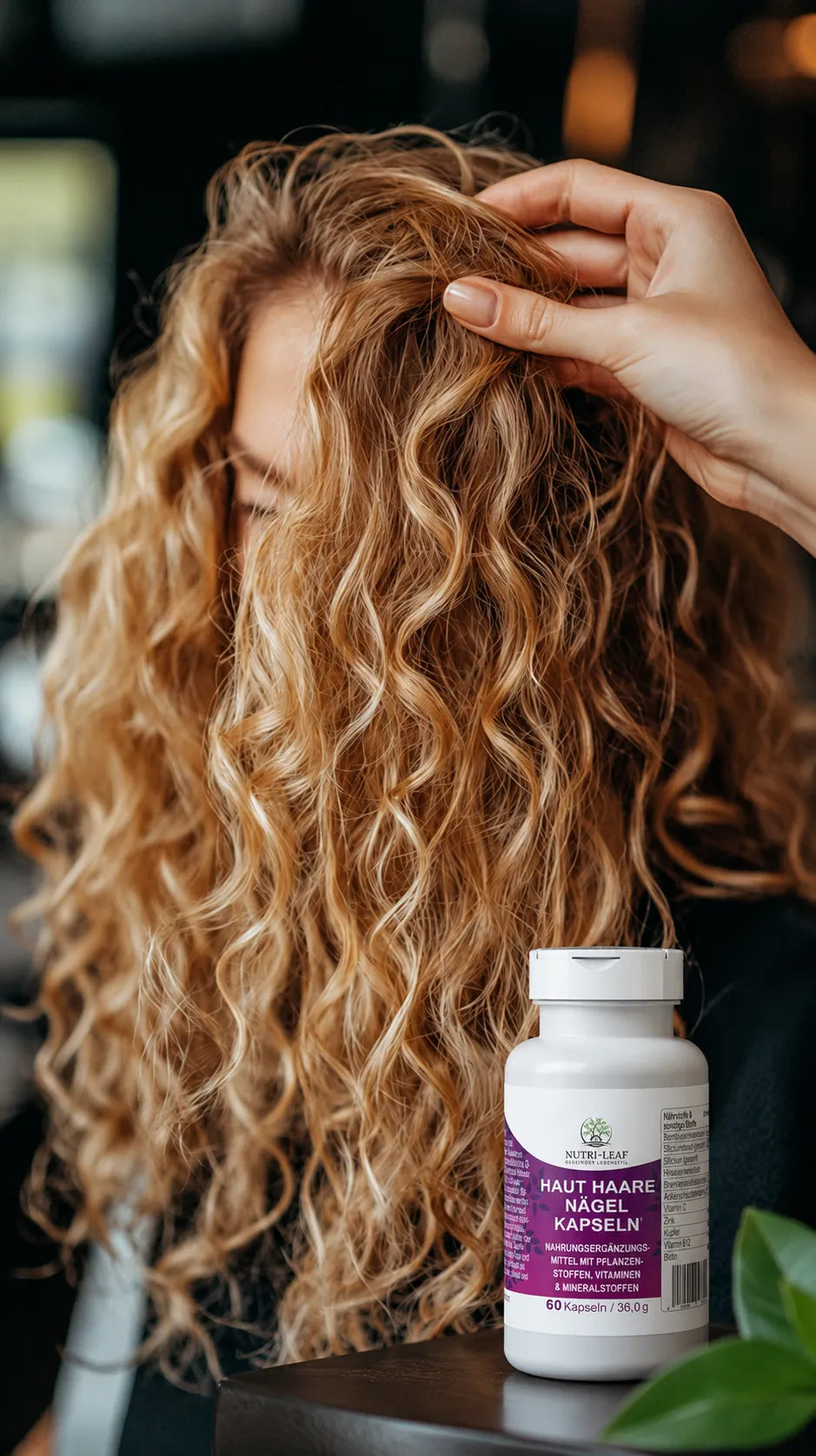 Curly blonde hair beauty scene with Nutri-Leaf Skin, Hair and Nails capsules.