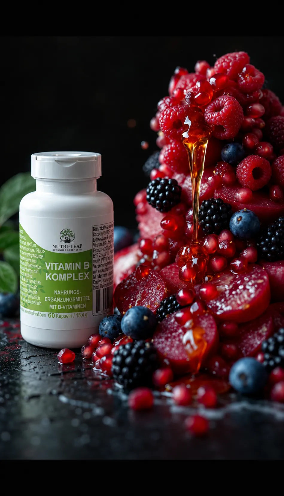 Cascade of fresh fruit with Nutri-Leaf Vitamin B Complex capsules.