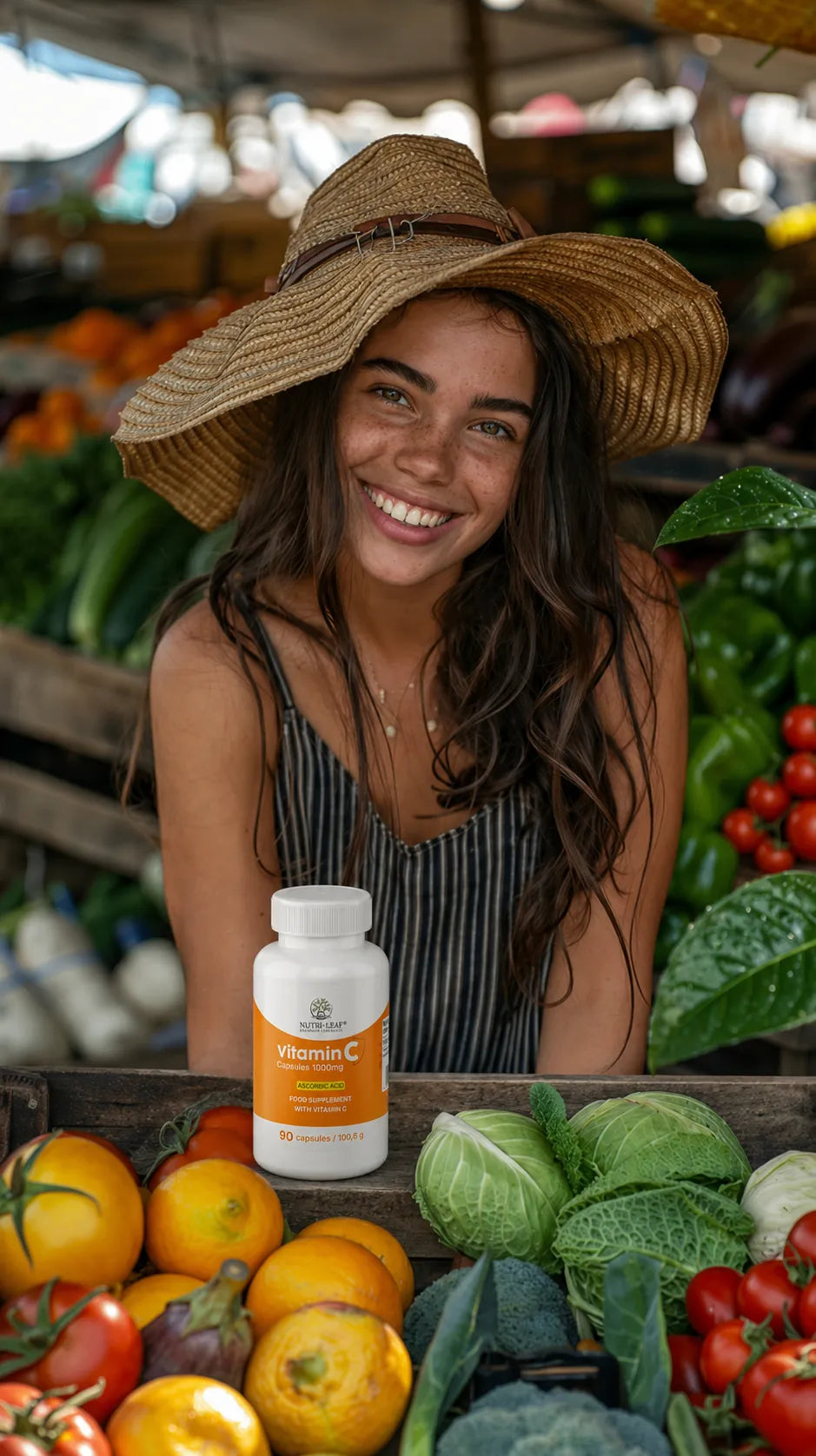 Smiling person at a fresh produce market with Nutri-Leaf Vitamin C 1000 mg capsules.