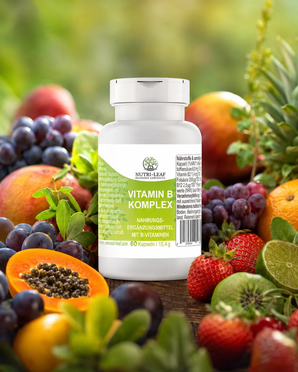 Product still of Nutri-Leaf Vitamin B Complex capsules on a clean background.