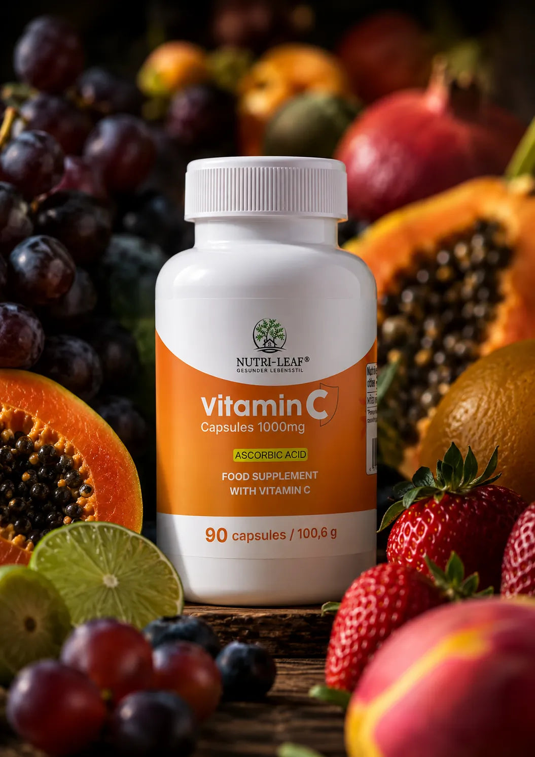 Product still of Nutri-Leaf Vitamin C 1000 mg capsules on a clean background.