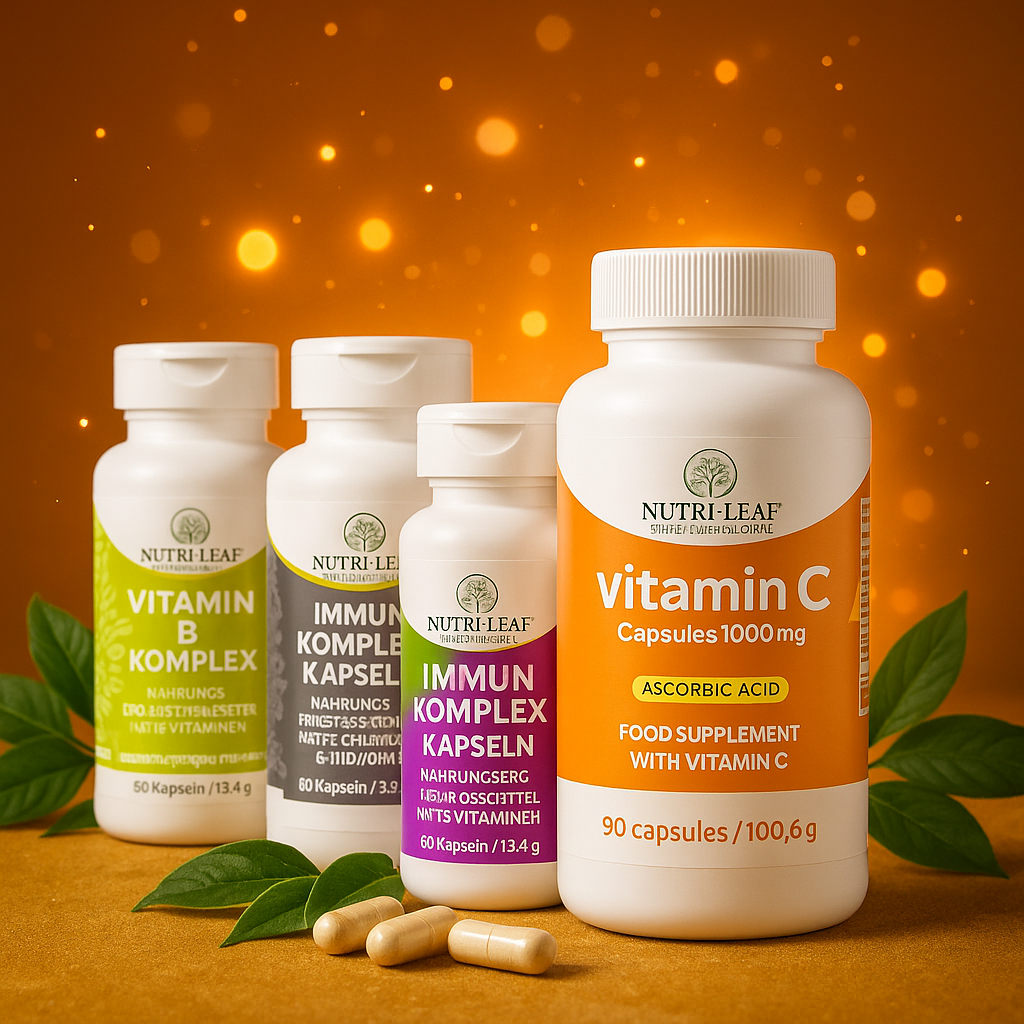 Nutri-Leaf Vitamin C, Immune Komplex, Skin-Hair-Nails, and Vitamin B Komplex bottles displayed diagonally on an orange background with fresh fruits and vegetables including orange slices, strawberry, broccoli, and green leaves, highlighting natural ingredients and clean nutrition.