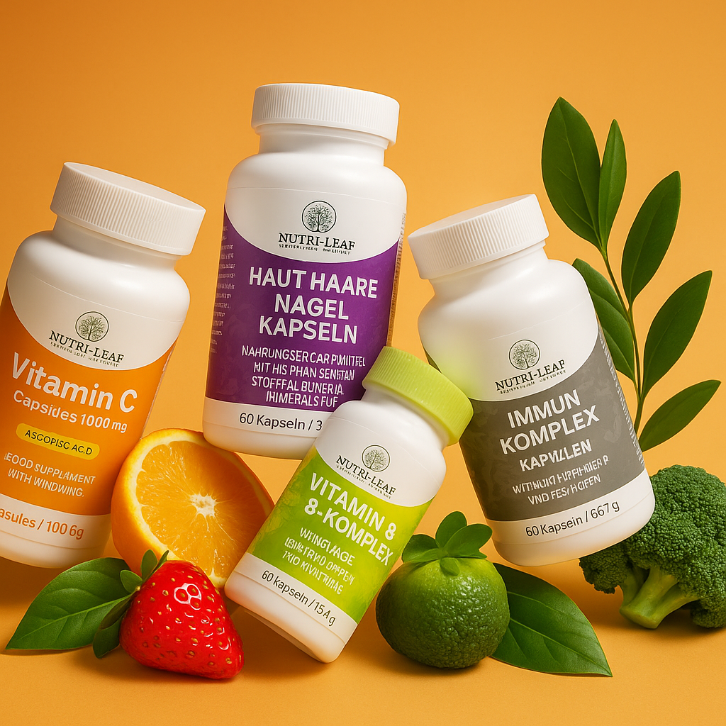Four Nutri-Leaf supplement bottles — Vitamin C, Vitamin B Komplex, Immune Komplex, and Immune Komplex (Mini) — arranged in a row on a warm golden surface with glowing orange bokeh background, surrounded by green leaves and capsules, with labels clearly visible.