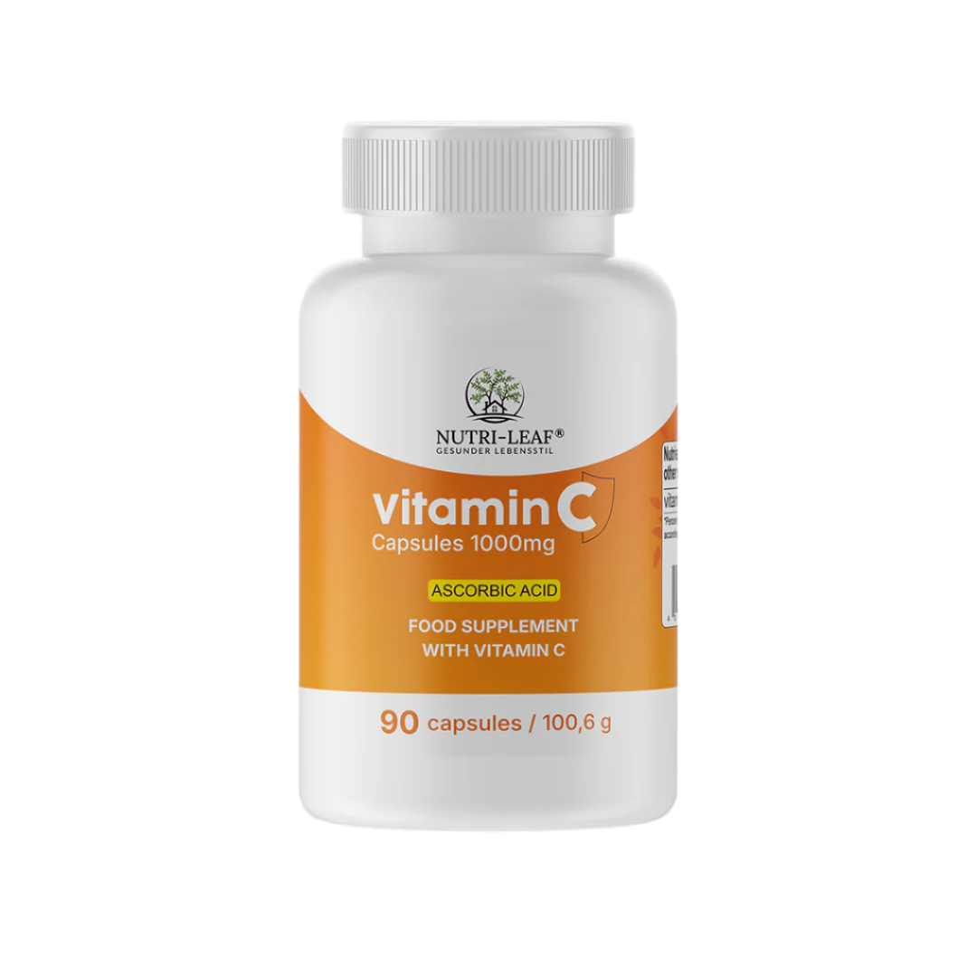 Nutri-Leaf Vitamin C Capsules 1000mg bottle with orange label, containing 90 capsules of high-strength ascorbic acid food supplement, designed to support immune health and vitality.