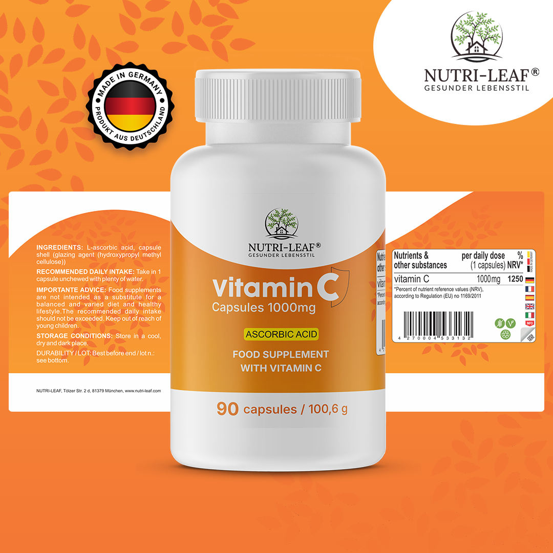Vitamin C hochdosiert, Vitamin C 1000 mg, Vitamin C Kapseln, Immunsystem stärken, Antioxidantien, Nahrungsergänzungsmittel, veganes Vitamin C, Vitamin C Deutschland, Nutri-Leaf Vitamin C, Vitamin C für Haut und Immunsystem, pharmazeutische Qualität Nahrungsergänzung
