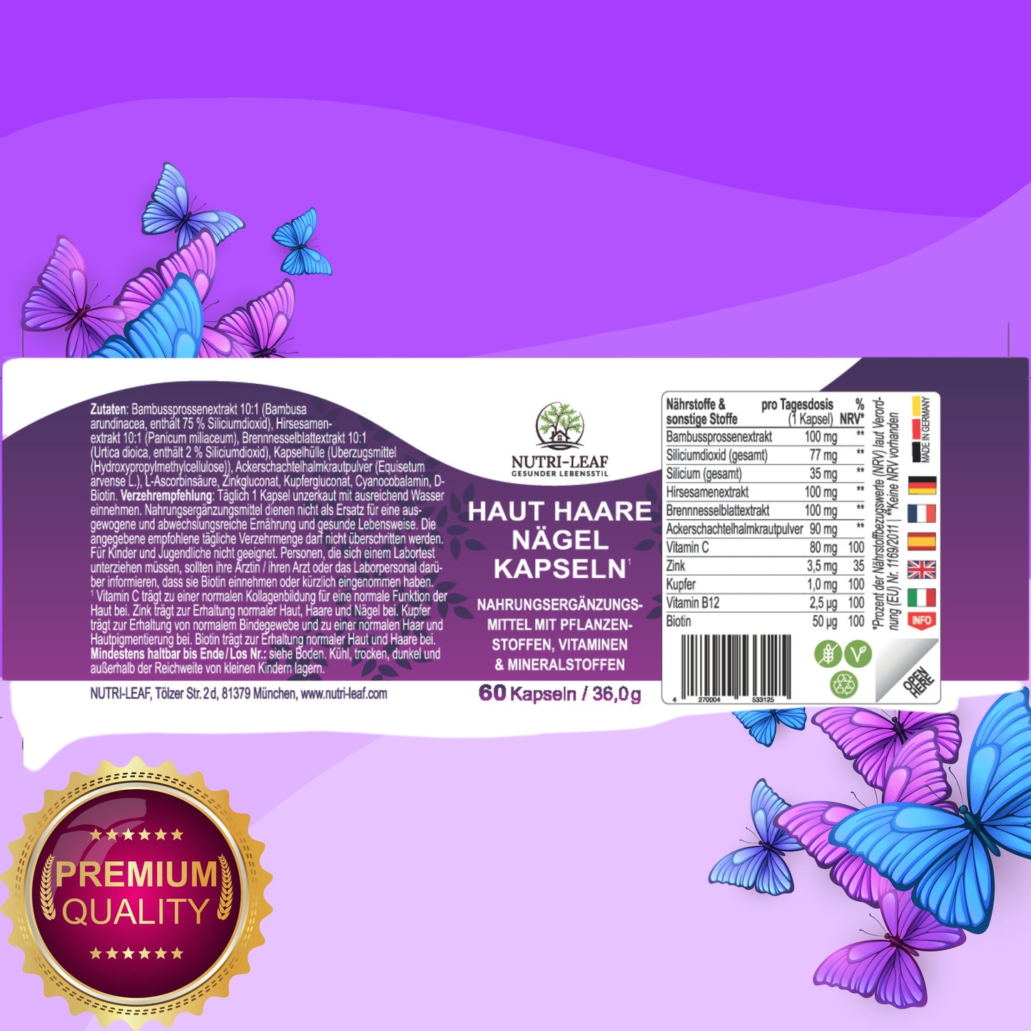 Biotin + Silizium + Vitamin C für Haut, Haare & Nägel – Bambus, Hirse & Brennnessel Formel für Wachstum & Schönheit von innen  Ohne Zucker, Clean Label, Made in Germany 🇩🇪 – NUTRI-LEAF