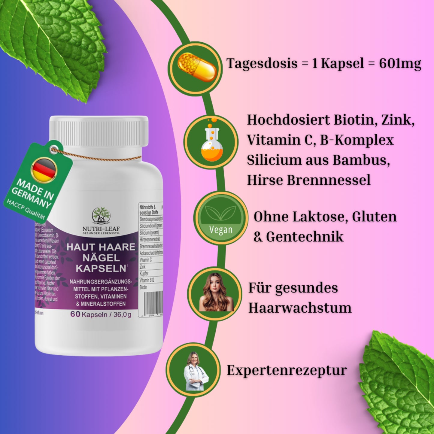 Biotin + Silizium + Vitamin C für Haut, Haare & Nägel – Bambus, Hirse & Brennnessel Formel für Wachstum & Schönheit von innen  Ohne Zucker, Clean Label, Made in Germany 🇩🇪 – NUTRI-LEAF