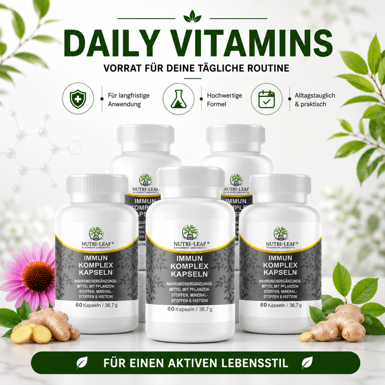 Immunity Complex Capsules – Echinacea, Ginger, Rosehip, Vitamin C, Zinc & Selenium – 60 Vegan Capsules – NUTRI-LEAF