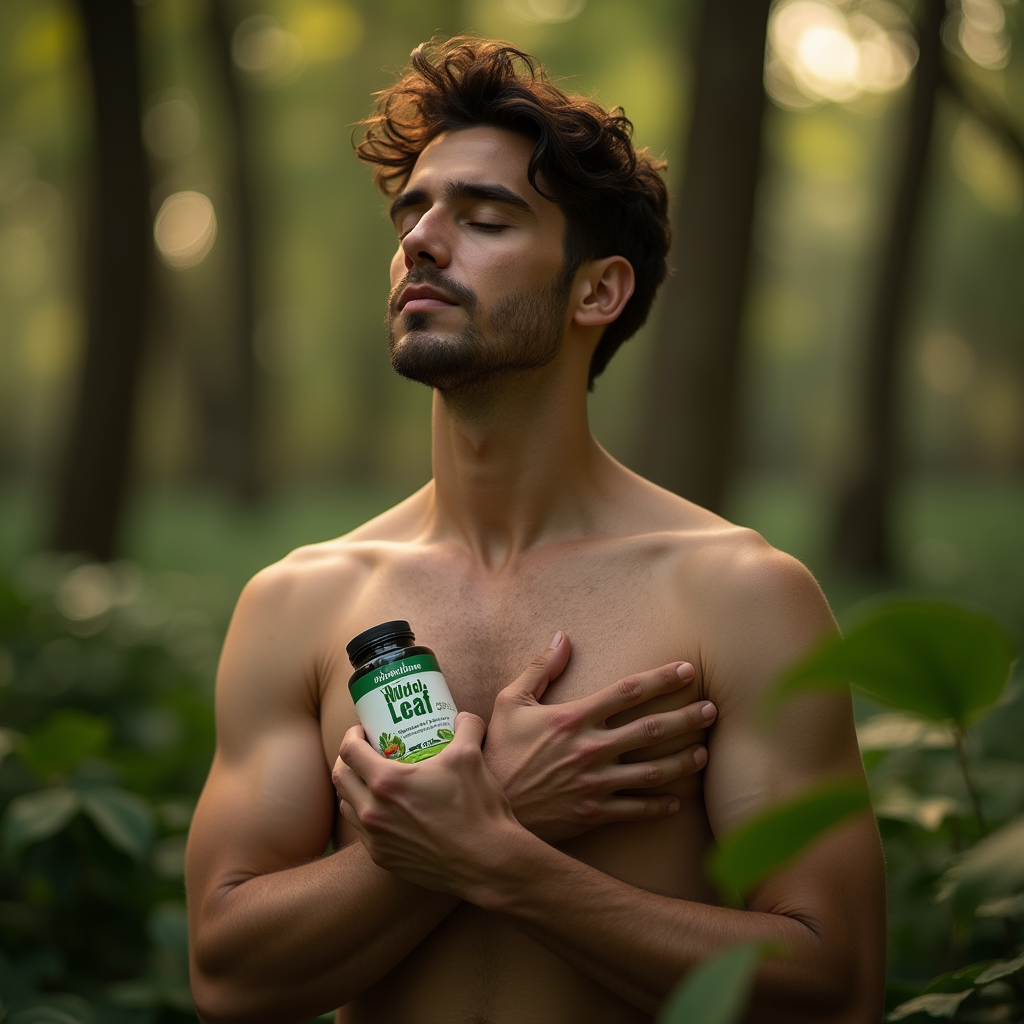 A calm, introspective man in his 30s standing shirtless in a forest or nature background, gently holding a Nutri-Leaf immune support bottle near his chest. His expression is relaxed, meditative. The lighting is soft and golden hour-style, creating an ethereal, peaceful atmosphere. Skin texture and shadows are highly realistic. Depth of field with blurred leaves in foreground.