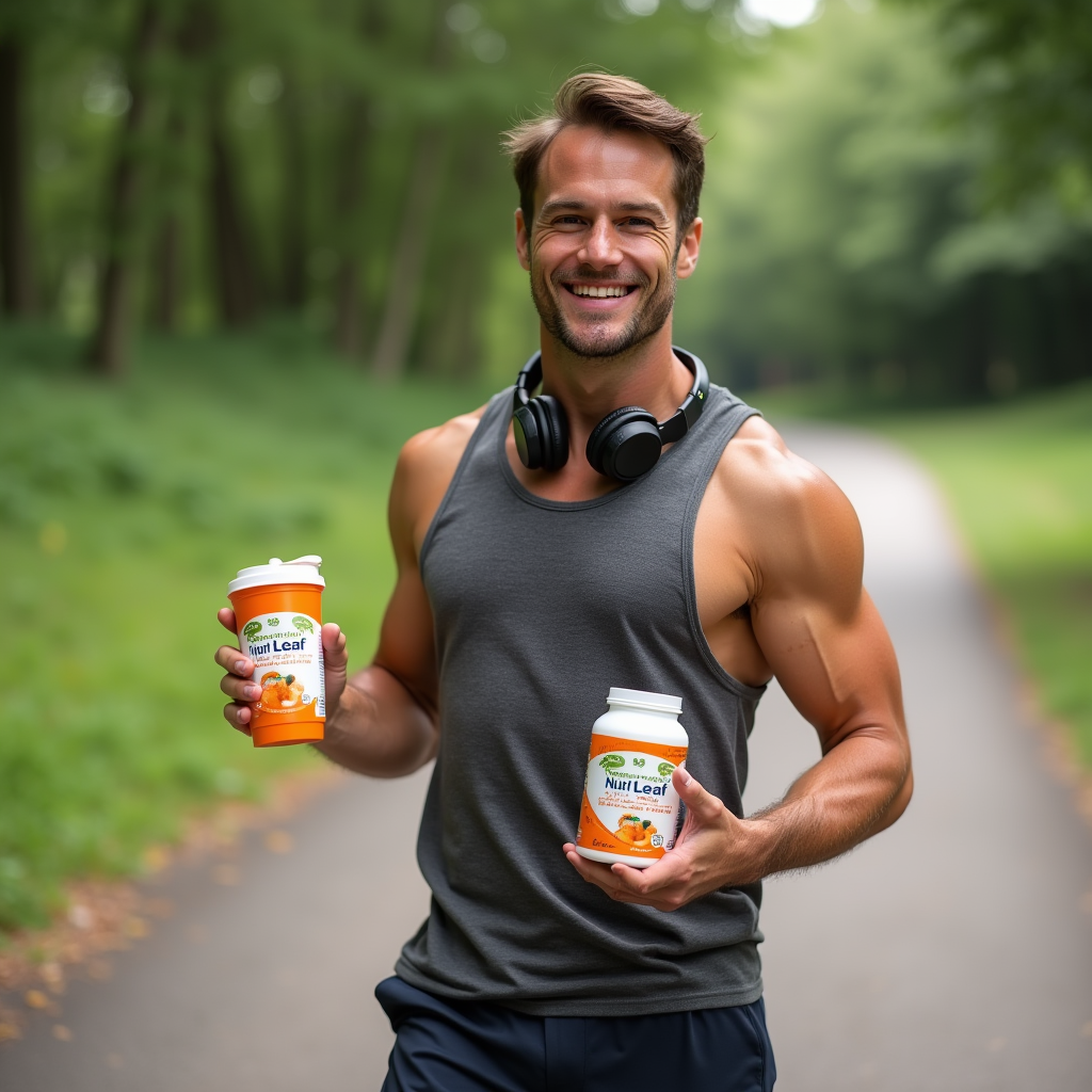 A fit, confident man in his late 20s or early 30s, outdoors post-workout in a park, holding a Nutri-Leaf Vitamin C supplement in one hand and a shaker bottle in the other. He's dressed in athletic wear, slightly sweaty, smiling, with headphones around his neck. Background shows running paths and greenery. High realism, daylight tone, commercial-quality photography.