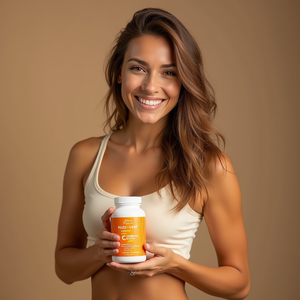 A glowing woman in her 30s with clear skin and athletic build, wearing a tank top, standing in front of a neutral-toned studio background. She is smiling confidently and holding a brightly labeled Nutri-Leaf Vitamin C + B Complex bottle. Lighting is warm, slightly directional from the side, with clear detail on her face and product. Studio portrait quality.