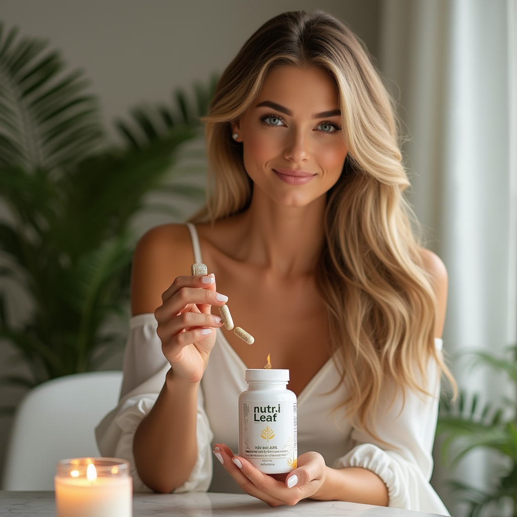 A serene and elegant woman in her 30s sitting at a vanity or minimalist living room, holding a bottle of Nutri-Leaf Skin-Hair-Nails capsules in one hand, gently inspecting it. Her skin and hair are radiant, long soft curls, natural makeup. Background includes soft lighting, indoor plants, a candle. Focus on beauty, warmth, and purity. Real-life detail and beauty magazine quality.