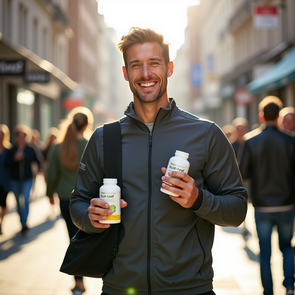 A smiling, athletic man in his 30s standing on a bright urban street in Germany, casually dressed in a sporty jacket, holding two Nutri-Leaf supplement bottles in one hand and a zipped wellness pouch in the other. He appears energized and confident, sunlight hitting his face, relaxed posture. Sharp focus, realistic lighting, lifestyle magazine quality, slight motion blur in the background with passersby.