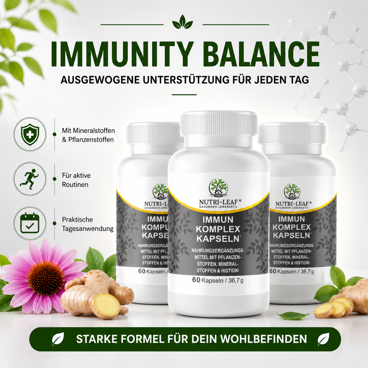 Immunity Complex Capsules – Echinacea, Ginger, Rosehip, Vitamin C, Zinc & Selenium – 60 Vegan Capsules – NUTRI-LEAF