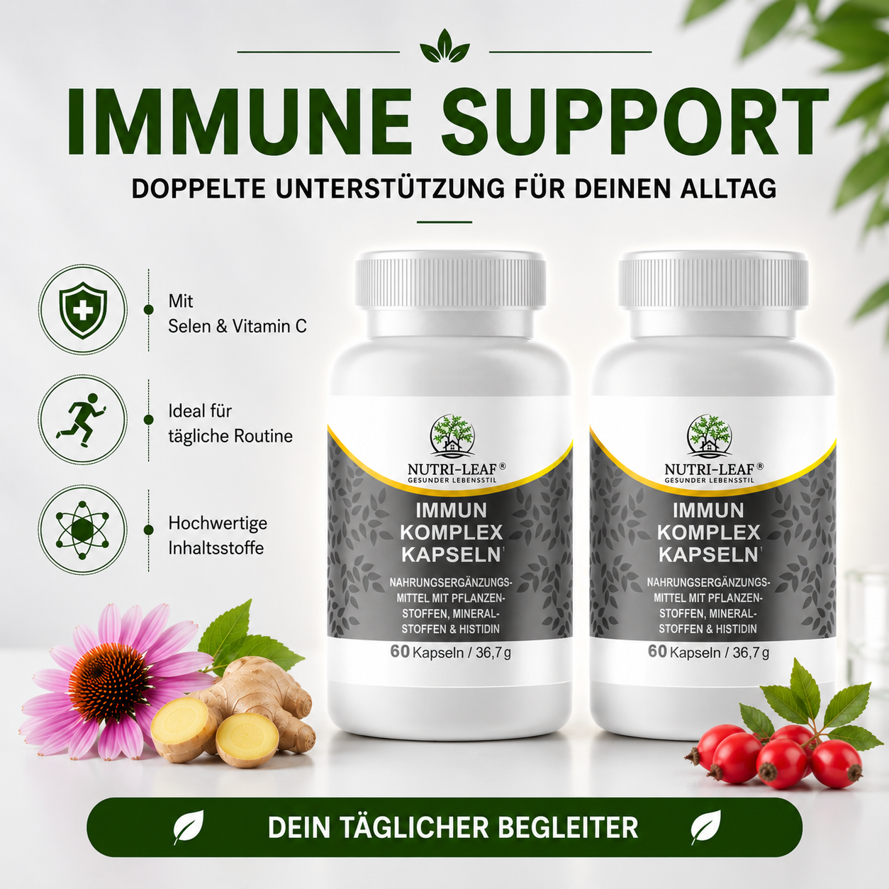 Immunity Complex Capsules – Echinacea, Ginger, Rosehip, Vitamin C, Zinc & Selenium – 60 Vegan Capsules – NUTRI-LEAF
