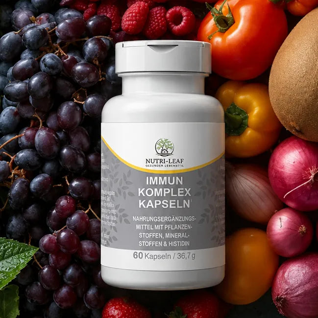 Crop colorful fruits display with immune complex with Immunity Complex Capsules — Nutri-Leaf