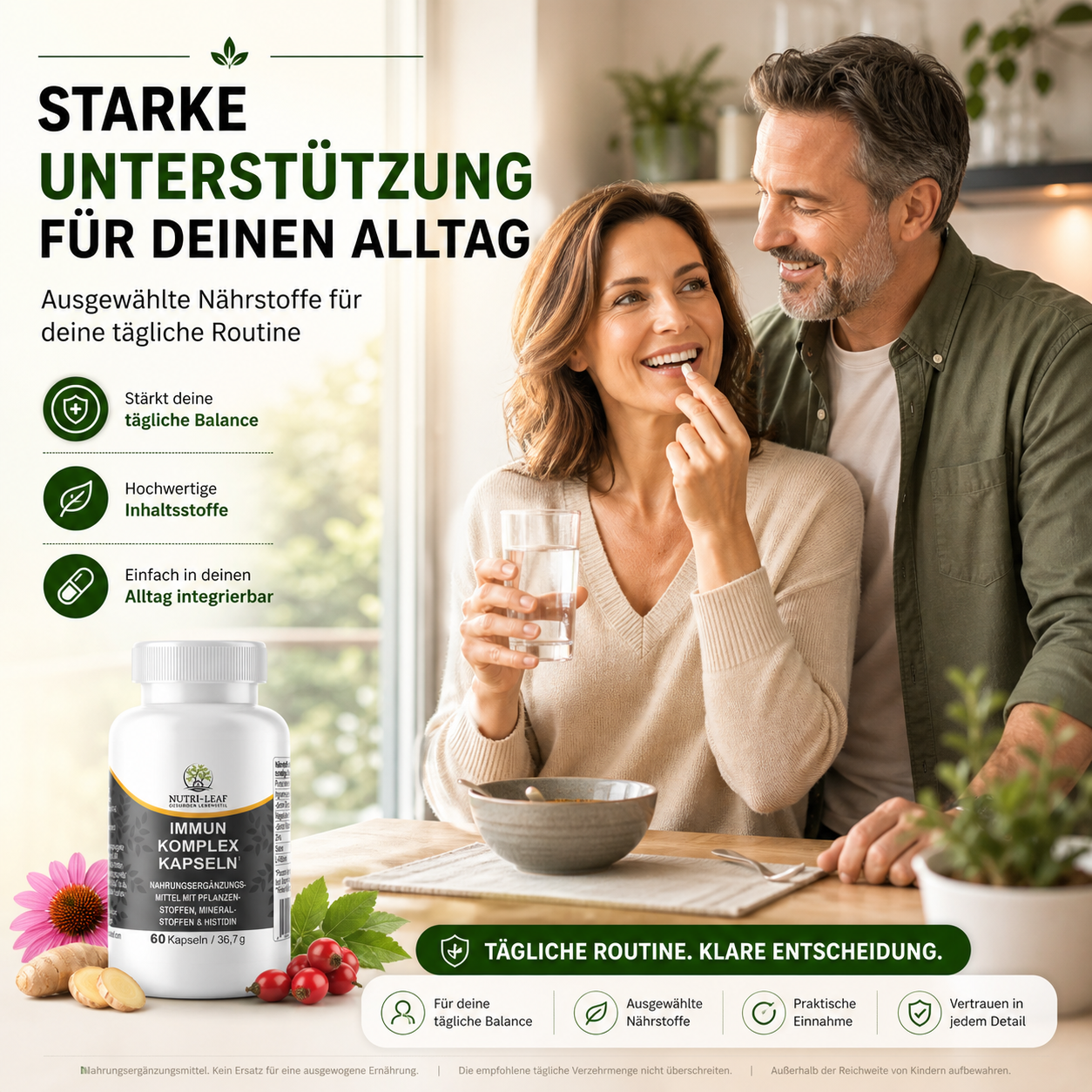 Premium Immun Booster mit Echinacea Ingwer und Hagebutte im modernen NUTRI-LEAF Design